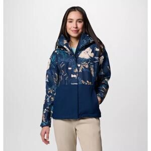 Columbia Womens Large Blue Hikebound Printed Rain Parka Jacket Waterproof HR7-35